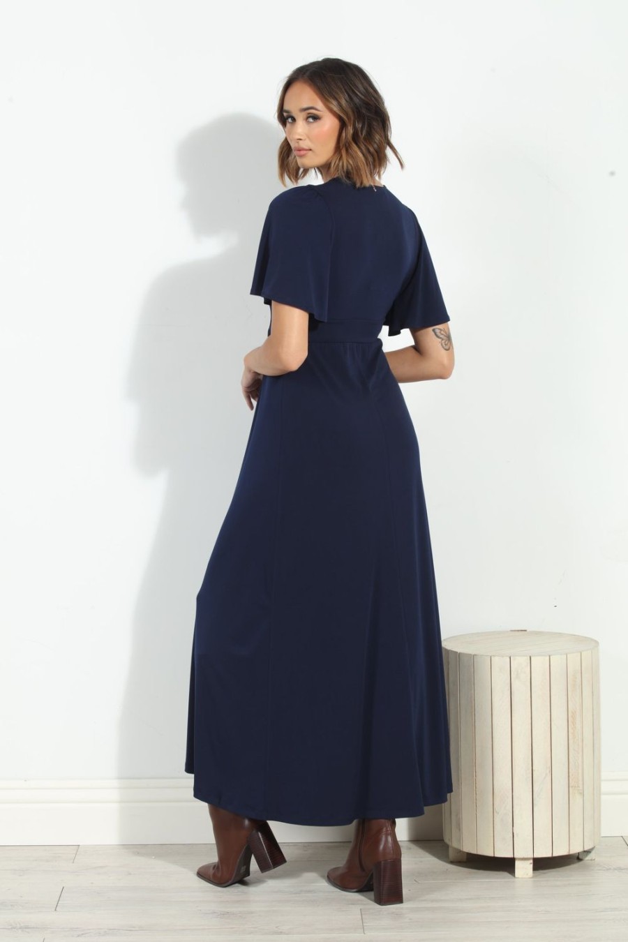 Clothing Veronica M Maxi Dresses | Navy Stretch Deep V Flutter Sleeve Maxi Dress-Best Seller