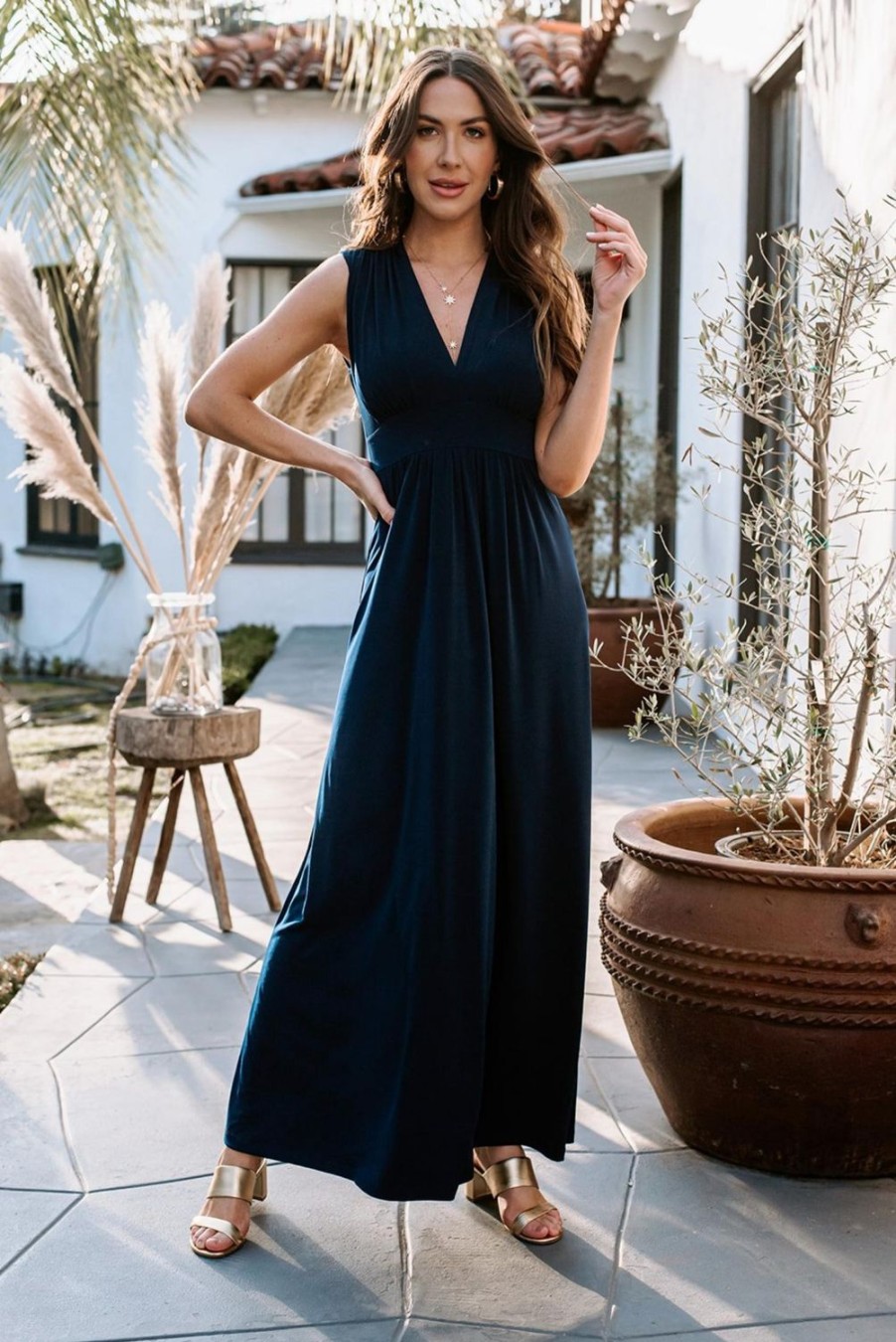 Clothing Veronica M Maxi Dresses | Navy Stretch V-Neck Maxi Dress - Best Seller