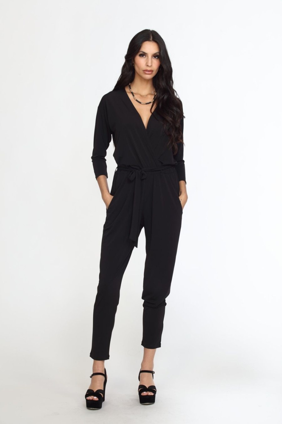 Clothing Veronica M | Black Stretch 3/4 Sleeve Jumpsuit