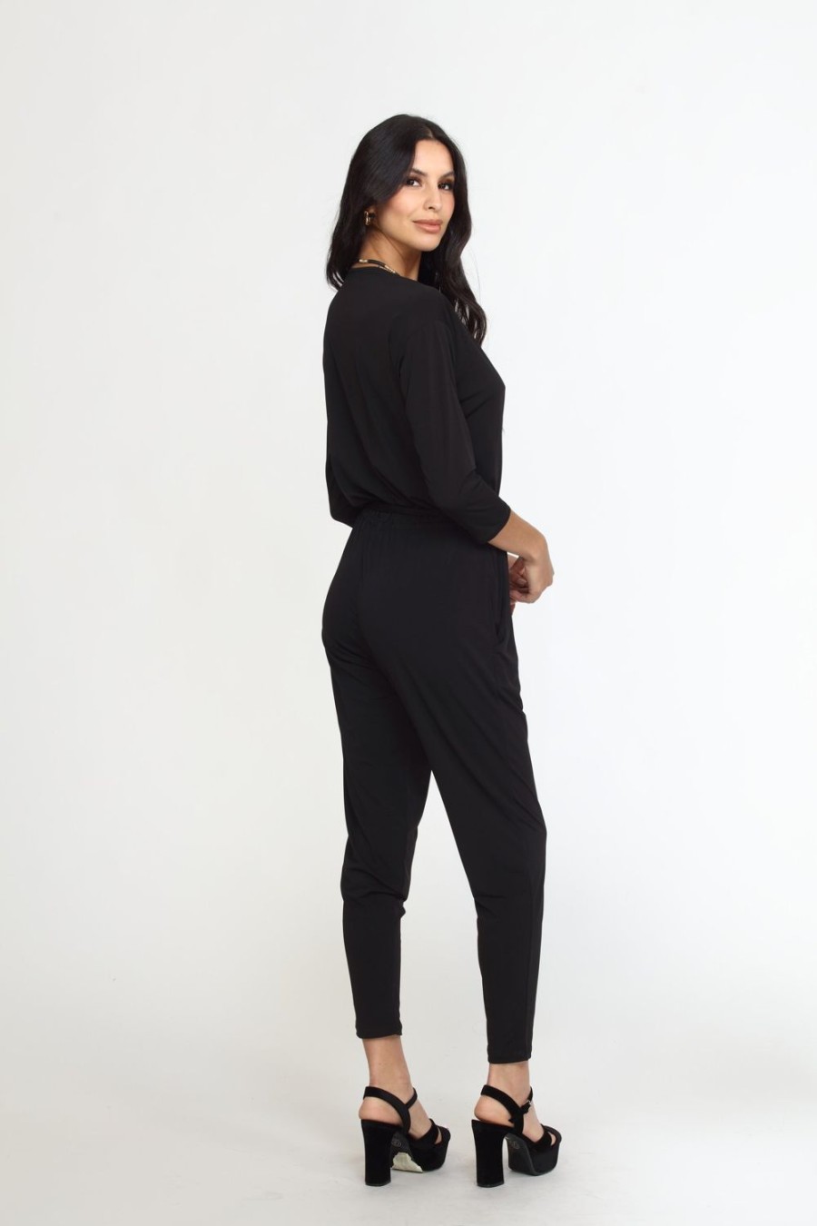 Clothing Veronica M | Black Stretch 3/4 Sleeve Jumpsuit