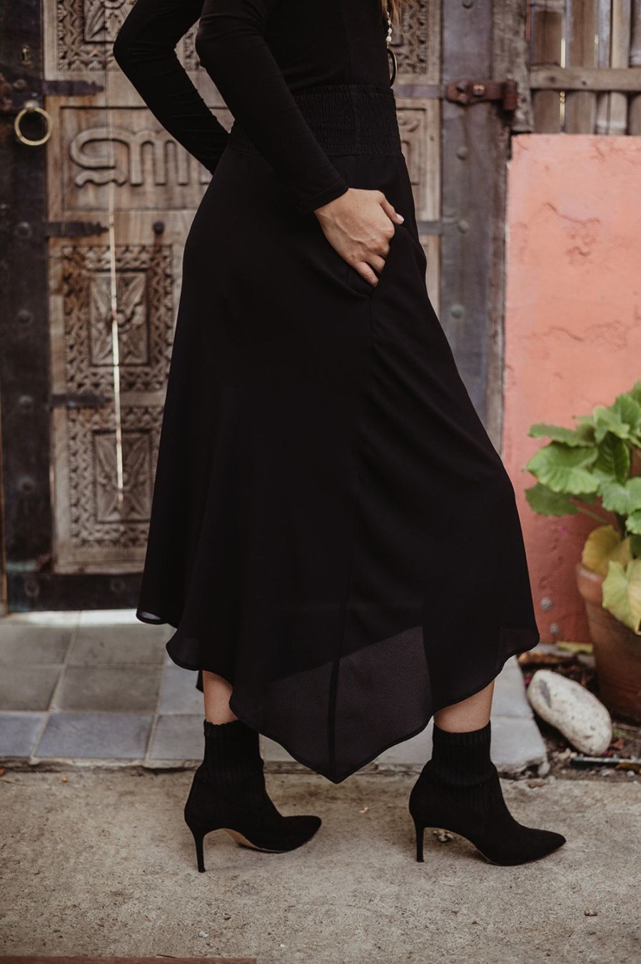 Clothing Veronica M Skirts | Black Smocked Bias Skirt With Pockets