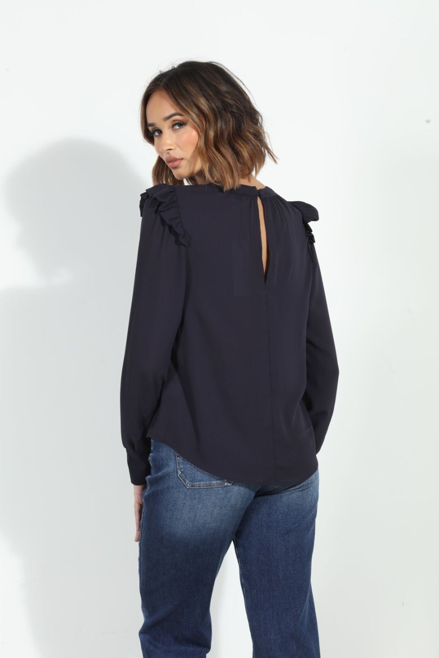 Clothing Veronica M Longer Length Tops | Jet Navy Hi-Neck Blouse