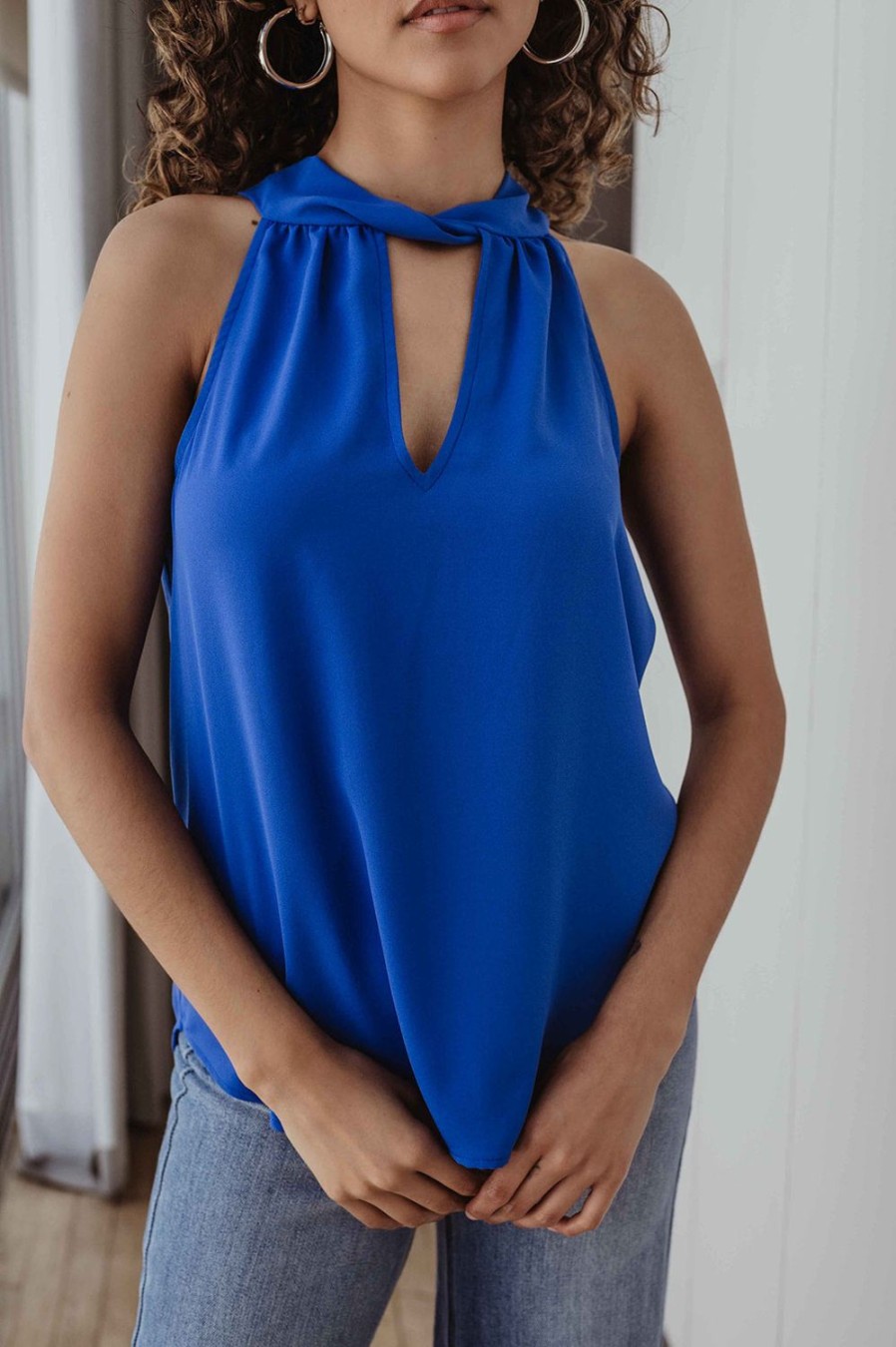 Clothing Veronica M Longer Length Tops | Pop Blue Twist Halter Sleeveless Blouse