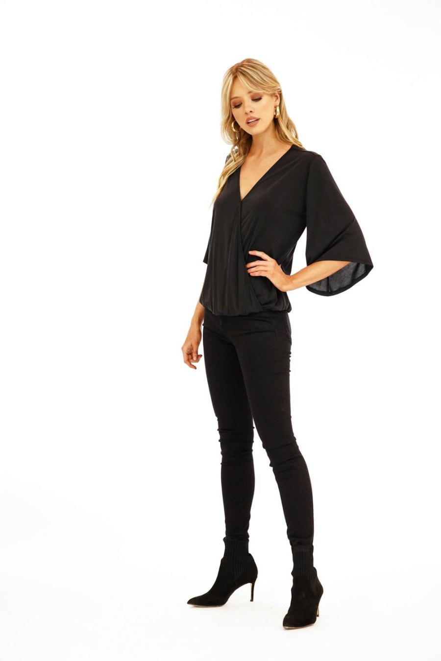 Clothing Veronica M Cupro Tops | Black Cupro Surplice Top-Best Seller