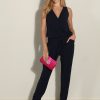 Clothing Veronica M | Navy Shirred Ankle Stretch Jumpsuit