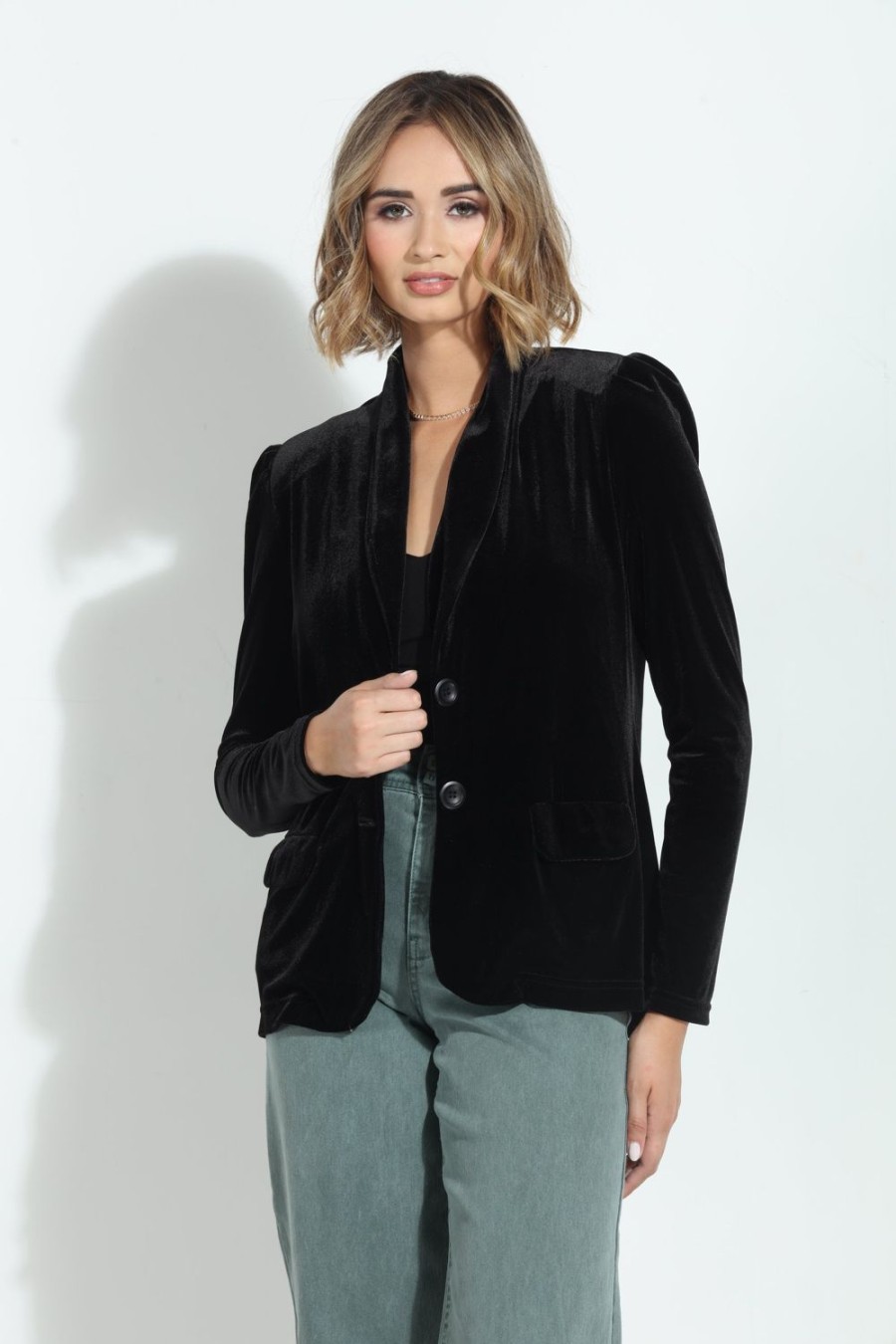 Clothing Veronica M Jackets + Blazers | Black Velvet Shirred Blazer-Best Seller