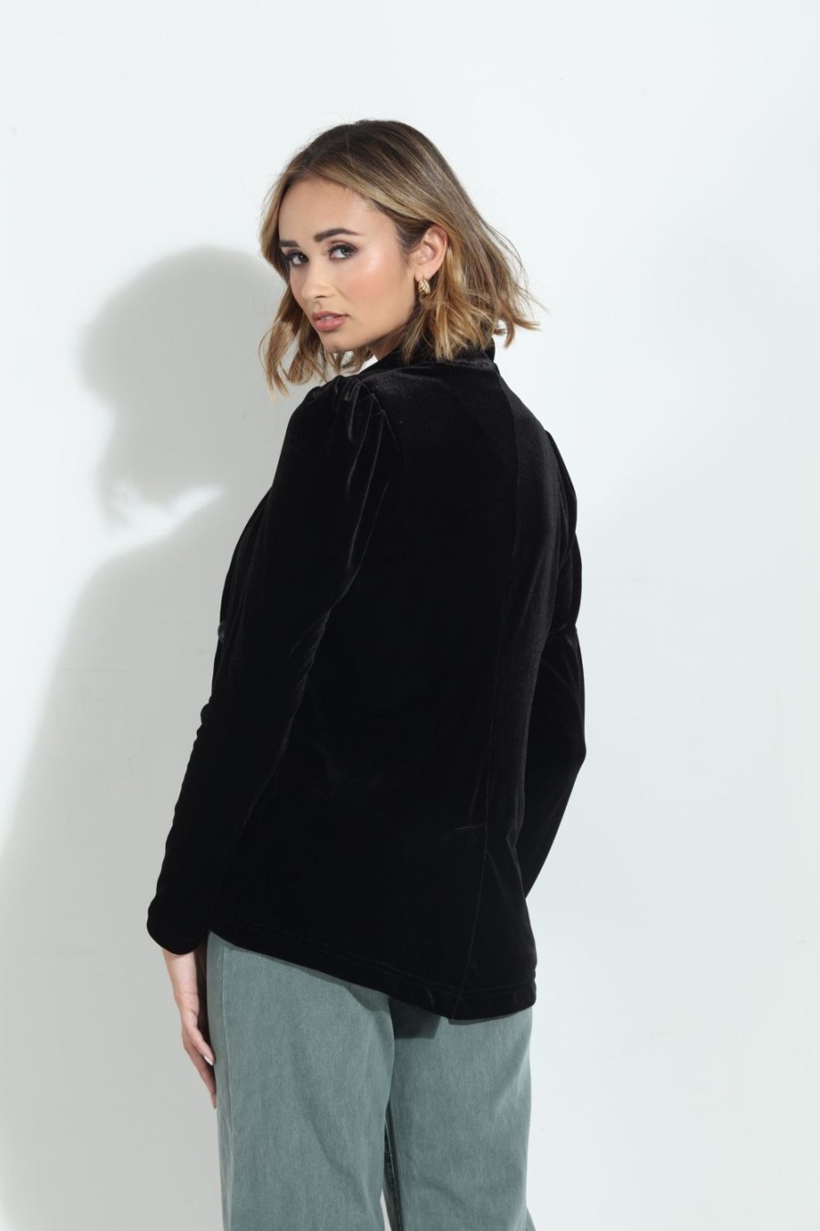 Clothing Veronica M Jackets + Blazers | Black Velvet Shirred Blazer-Best Seller