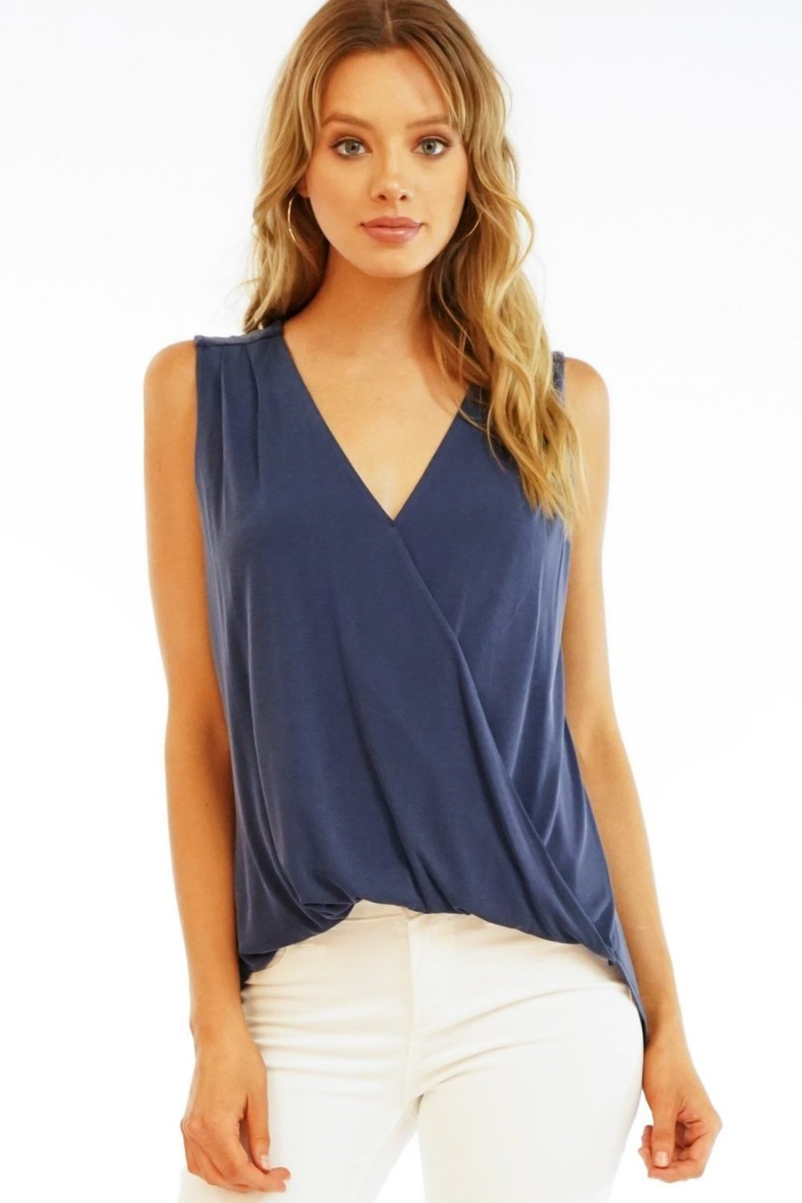 Clothing Veronica M Cupro Tops | The Everyday Cupro Surplice Tank - Navy - Best Seller