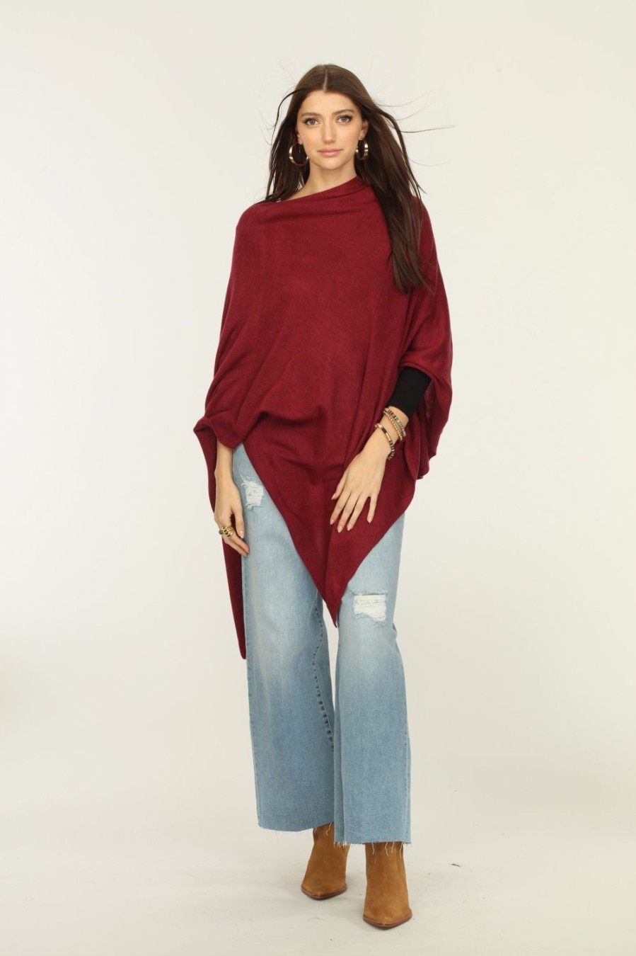 Clothing Veronica M Ponchos | Burgundy Throw-On Poncho-Best Seller