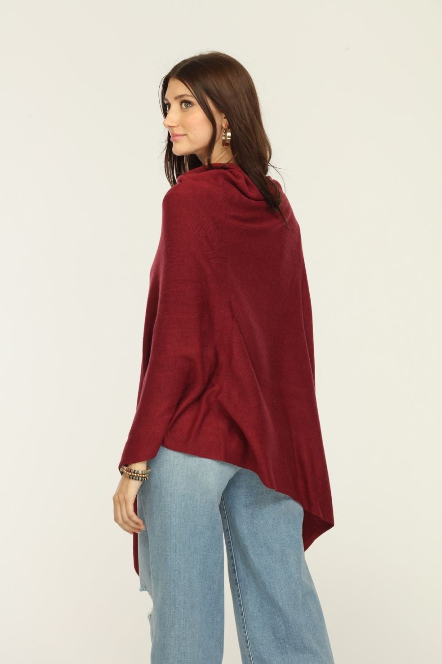 Clothing Veronica M Ponchos | Burgundy Throw-On Poncho-Best Seller