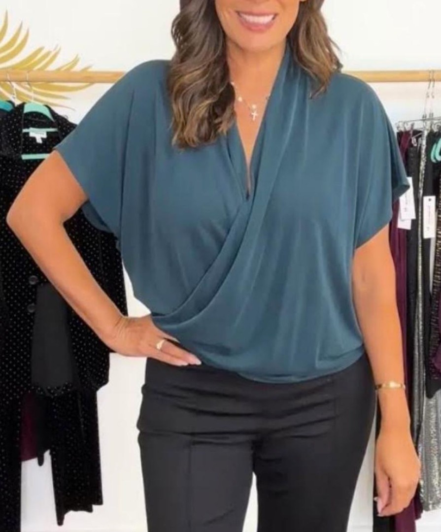 Clothing Veronica M Cupro Tops | Emerald Cupro Surplice Tee-Best Seller