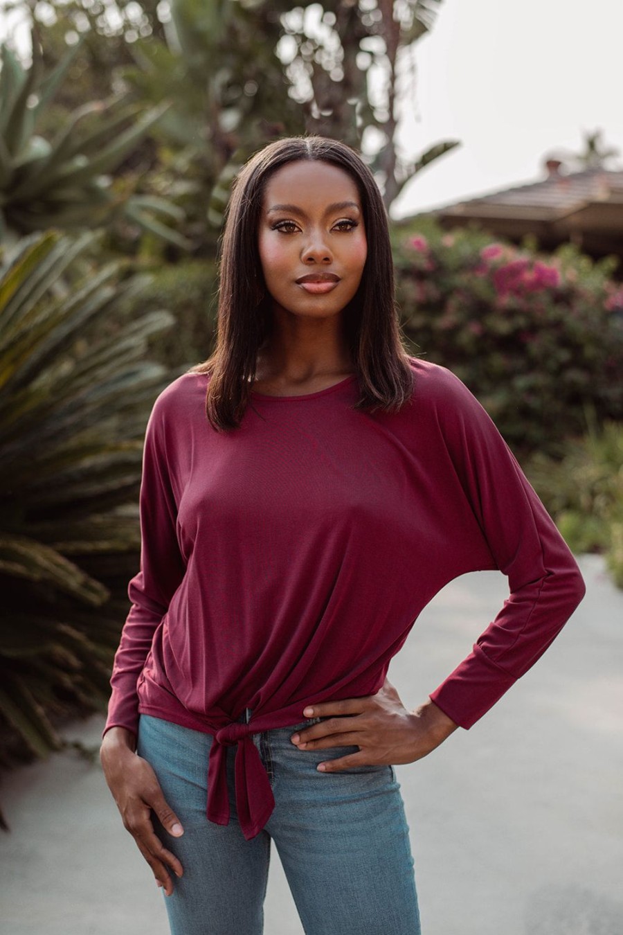 Clothing Veronica M Cupro Tops | Burgundy Cupro Dolman Sleeve Top With Tie -