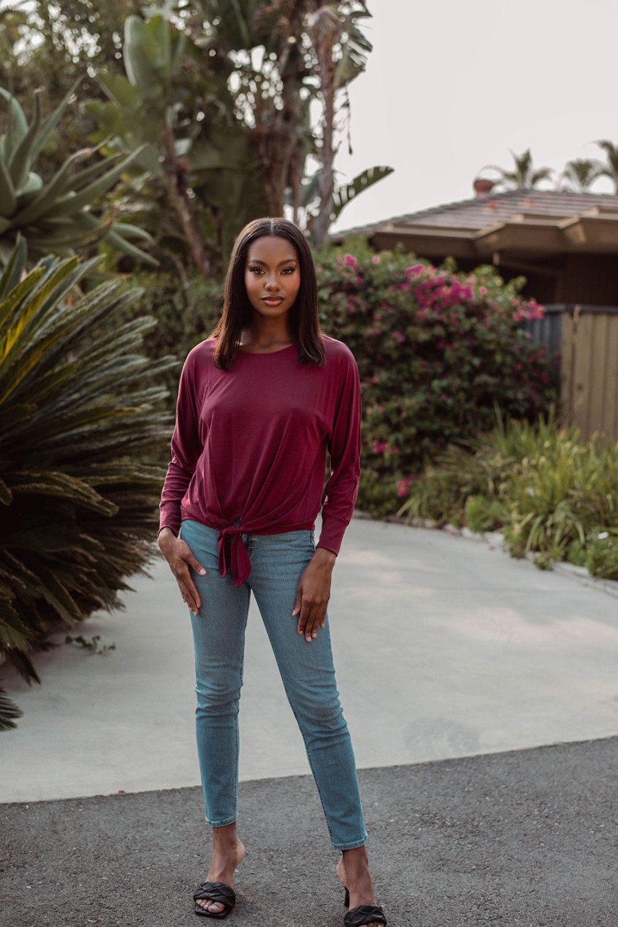 Clothing Veronica M Cupro Tops | Burgundy Cupro Dolman Sleeve Top With Tie -