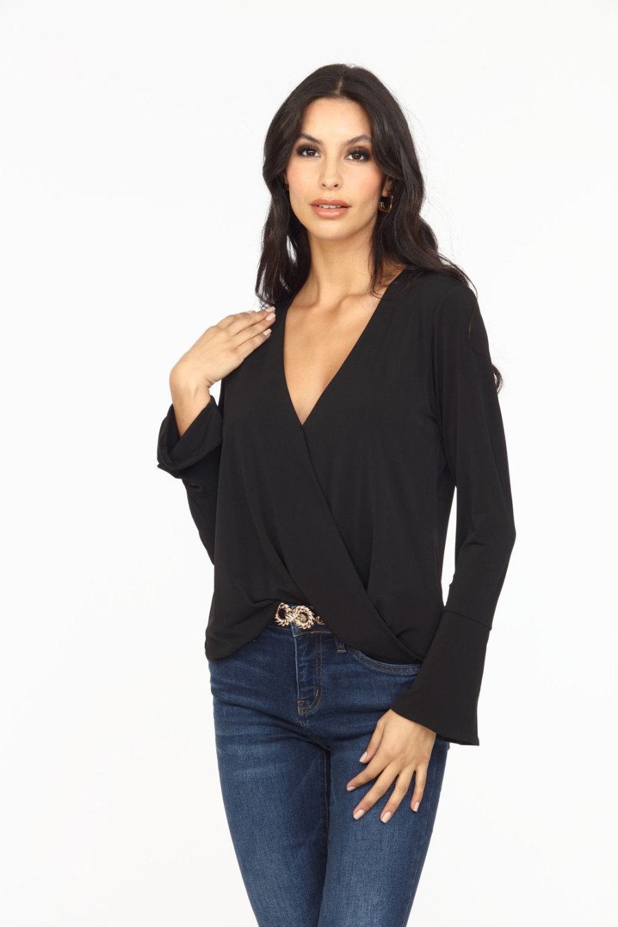 Clothing Veronica M Surplice Tops | Black Surplice Bell Sleeve Top - Best Seller