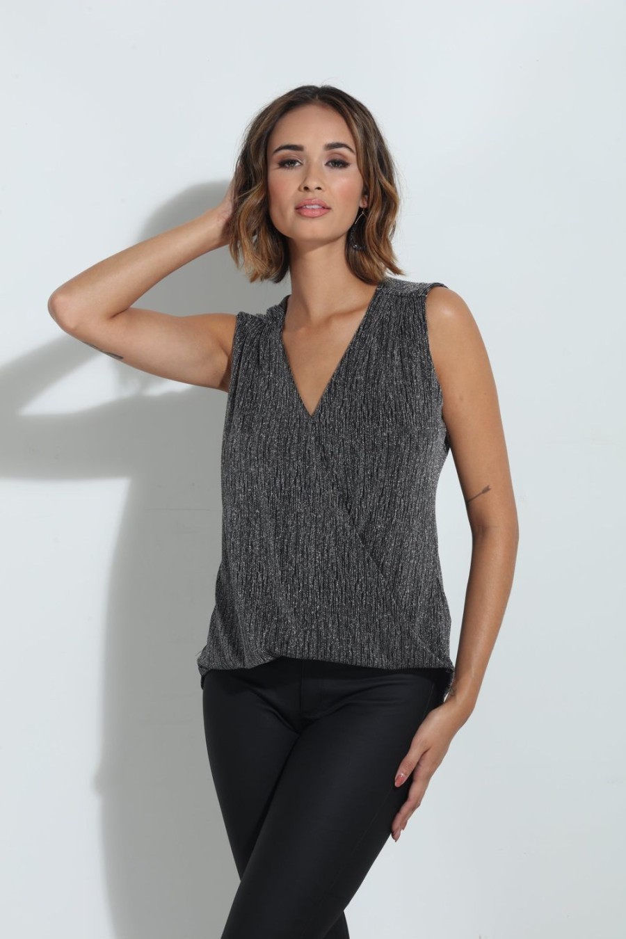 Clothing Veronica M Cupro Tops | The Everyday Surplice Tank-Black & Silver Sparkle -Best Seller By