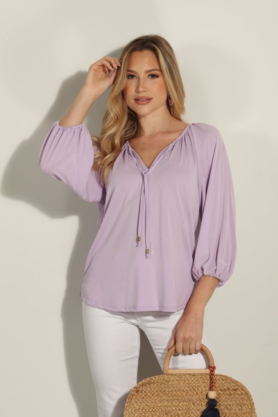 Clothing Veronica M Cupro Tops | Lilac Cupro Stretch Split Neck Top