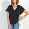 Clothing Veronica M Cupro Tops | Black Short Sleeve Cupro Split Neck Top-Best Seller