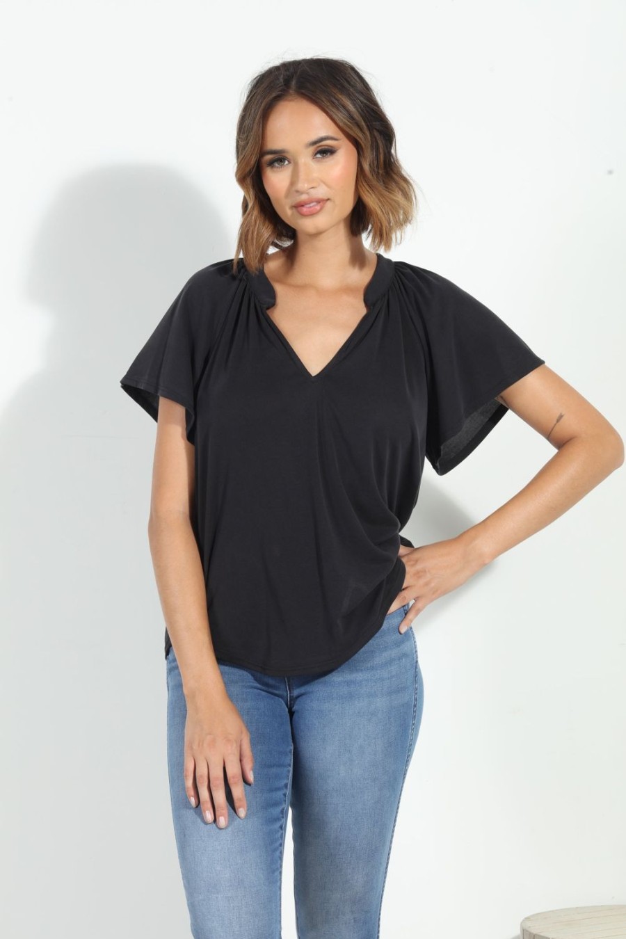 Clothing Veronica M Cupro Tops | Black Short Sleeve Cupro Split Neck Top-Best Seller