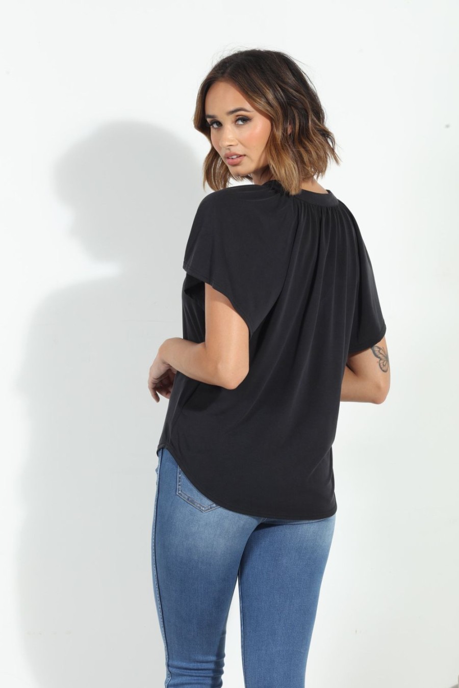 Clothing Veronica M Cupro Tops | Black Short Sleeve Cupro Split Neck Top-Best Seller