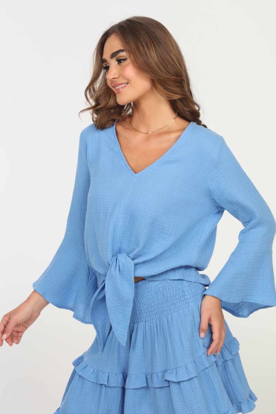 Vacation Veronica M | Cornflower Bell Sleeve Top With Front Tie