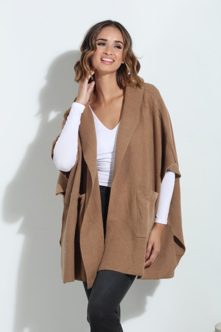 Clothing Veronica M Ponchos | Camel Cozy Hooded Poncho-Best Seller