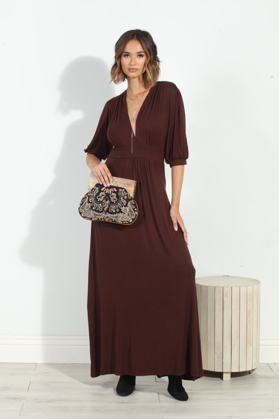 Clothing Veronica M Maxi Dresses | Dark Chocolate Puff Sleeve Maxi Dress