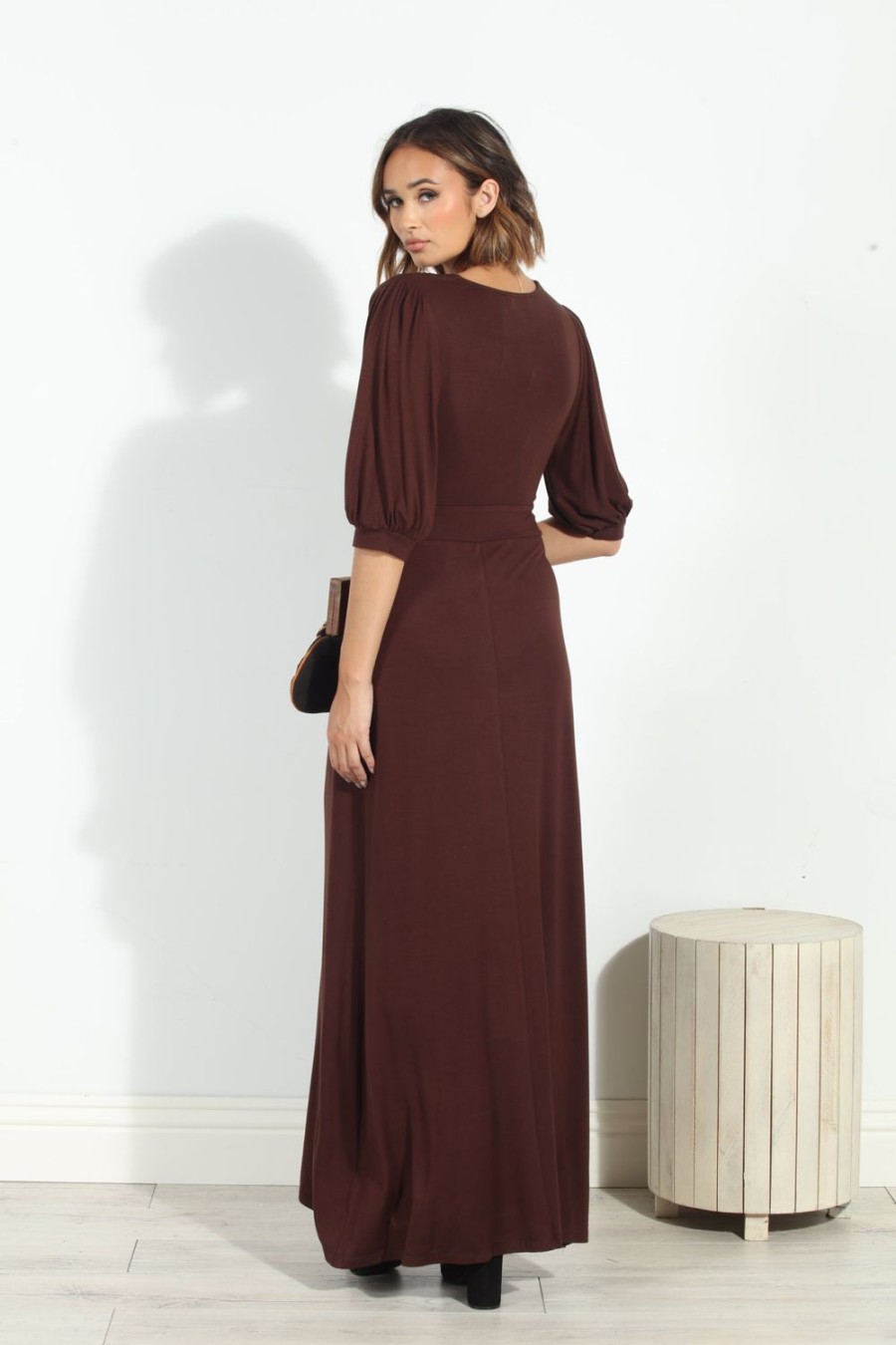 Clothing Veronica M Maxi Dresses | Dark Chocolate Puff Sleeve Maxi Dress