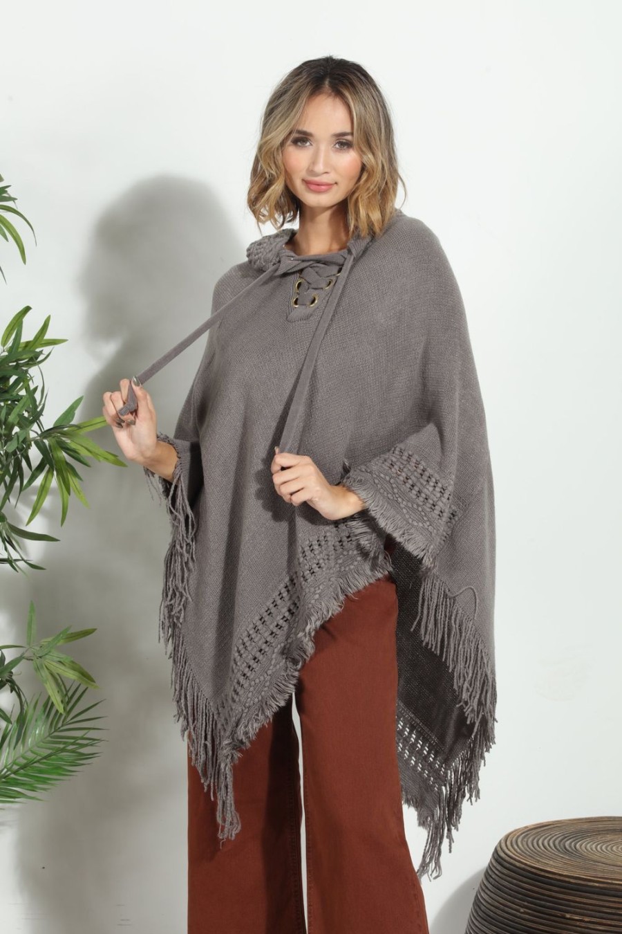 Clothing Veronica M Ponchos | Grey Cozy Tassel Poncho-Best Seller