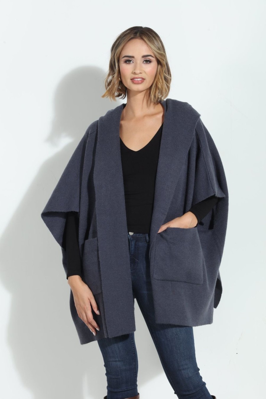 Clothing Veronica M Ponchos | Denim Blue Cozy Hooded Poncho-Best Seller