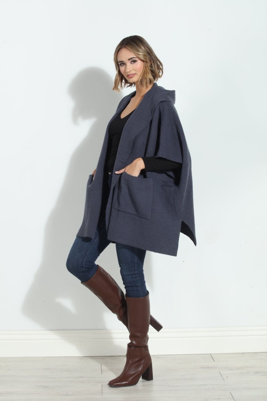 Clothing Veronica M Ponchos | Denim Blue Cozy Hooded Poncho-Best Seller