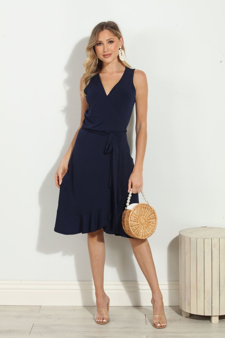 Clothing Veronica M Wrap Dress | Navy Stretch Ruffle Wrap Dress