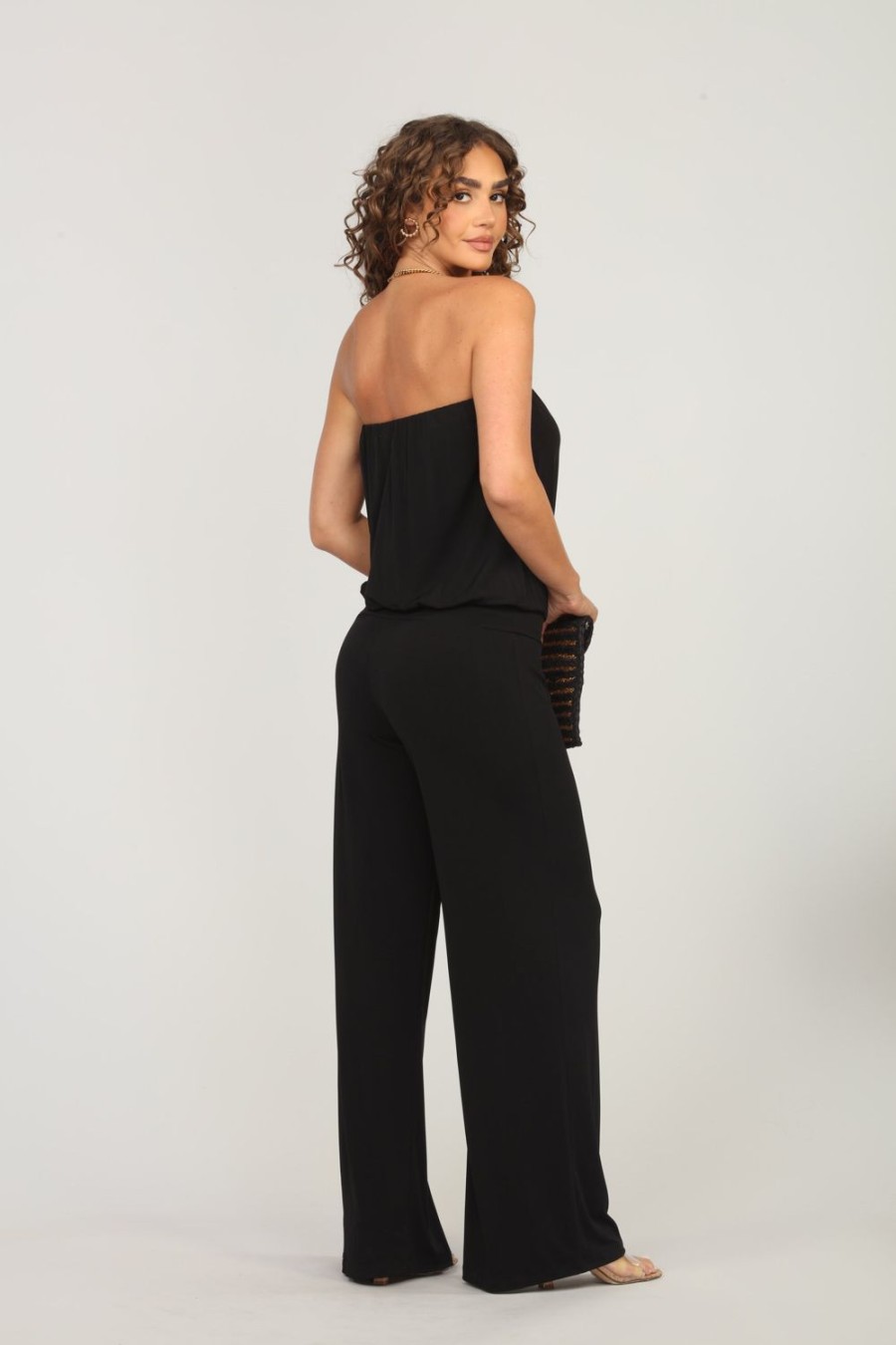 Clothing Veronica M | Black Strapless Drop Waist Jumpsuit-Best Seller