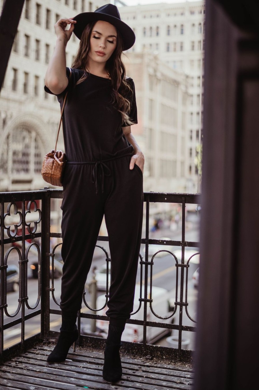 Clothing Veronica M | Soft Feel French Terry Jumpsuit-Black - Best Seller