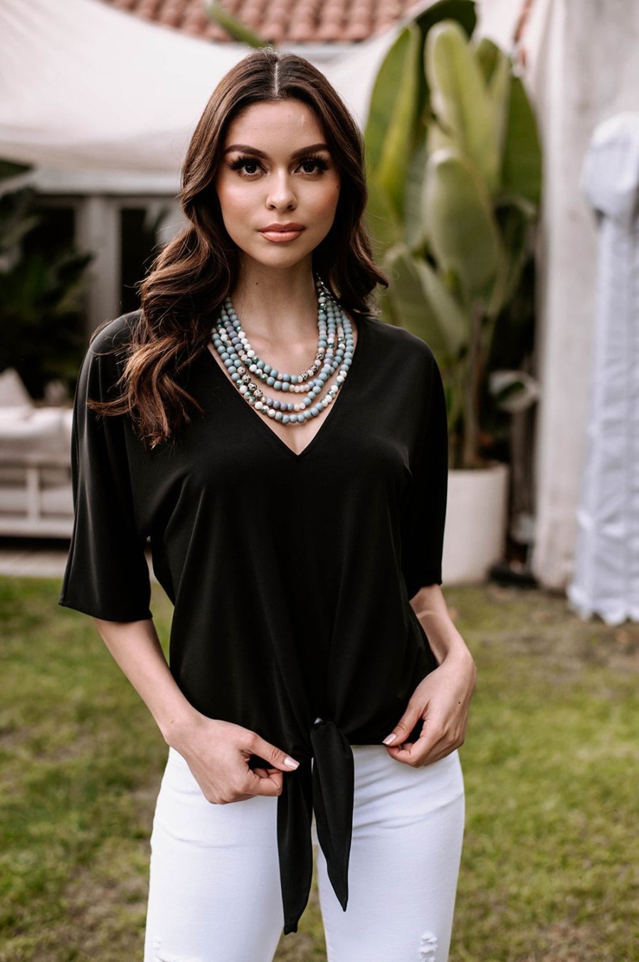 Vacation Veronica M | Black Stretch V-Neck Tie Top-Best Seller