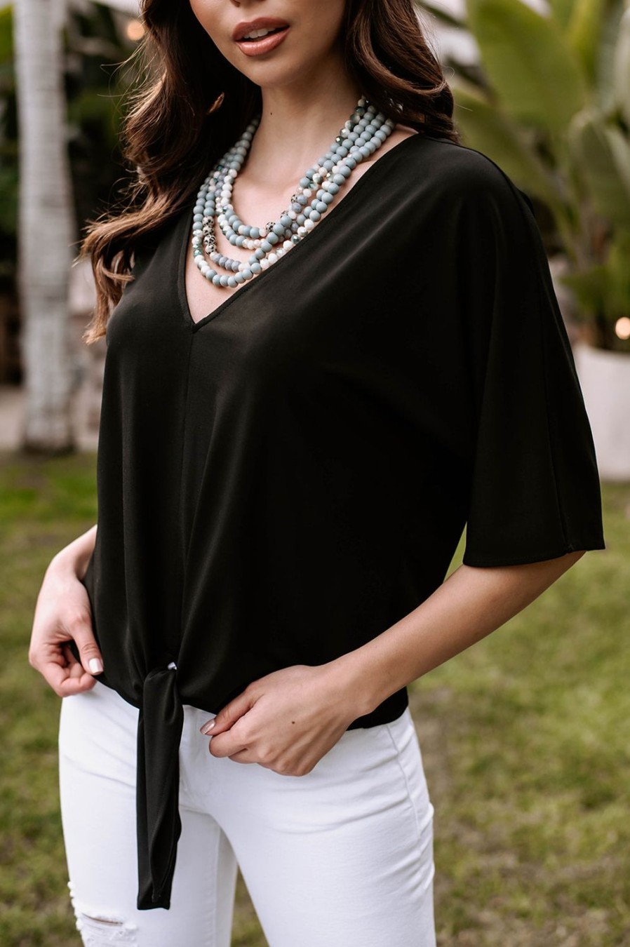 Vacation Veronica M | Black Stretch V-Neck Tie Top-Best Seller