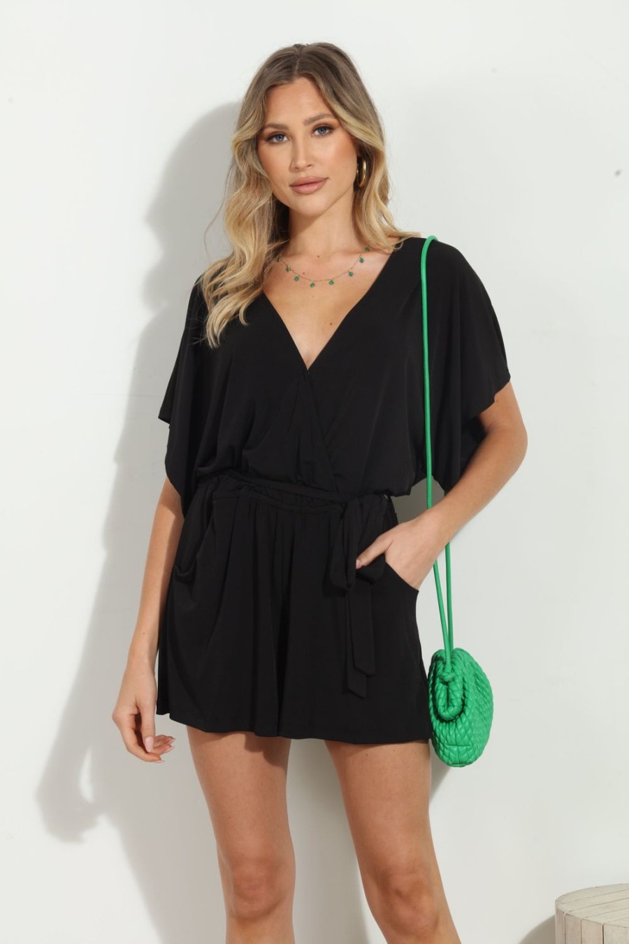 Clothing Veronica M | Black Short Sleeve Open-Back Romper