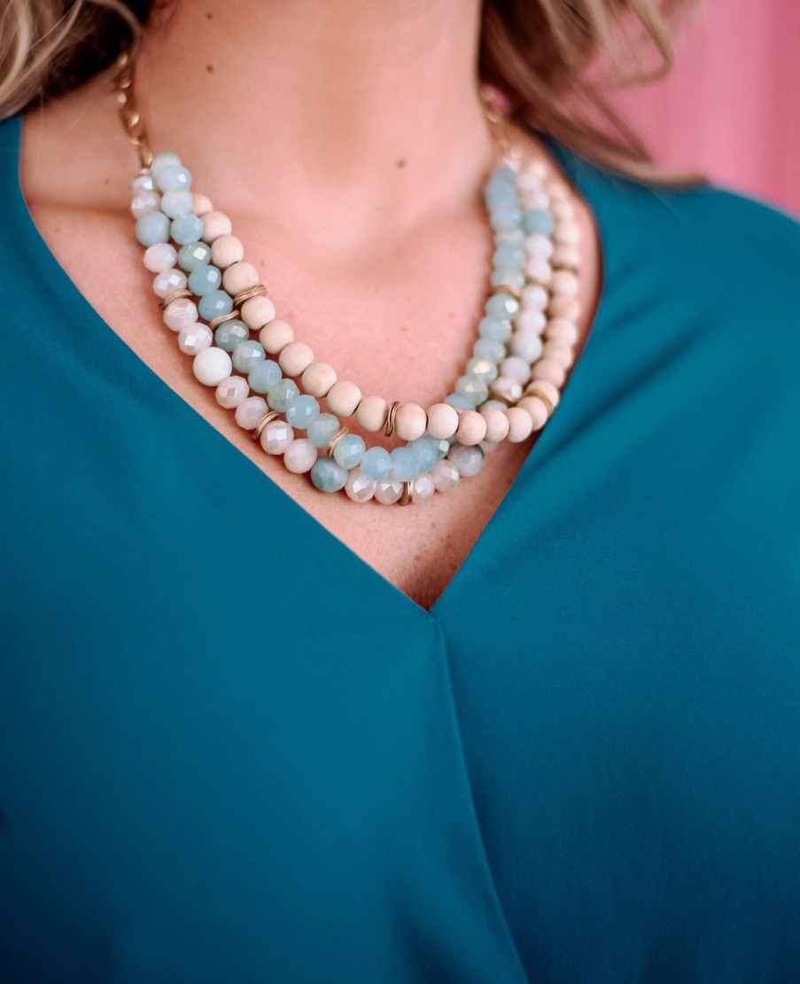 Accessories Veronica M | Turquoise And Tan 3-Layer Beaded Necklace