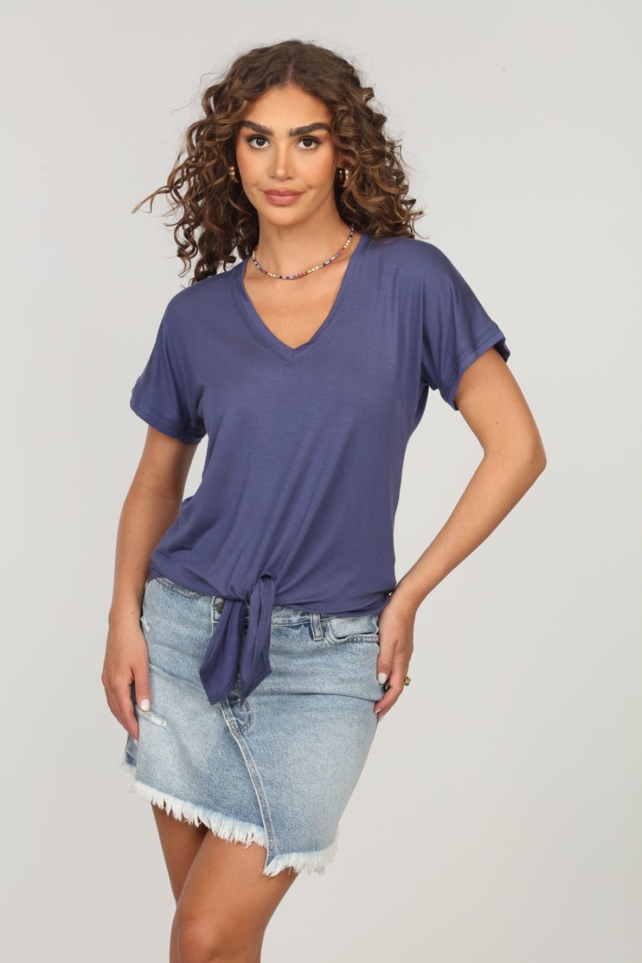 Vacation Veronica M | Denim Blue Tee With Front Tie