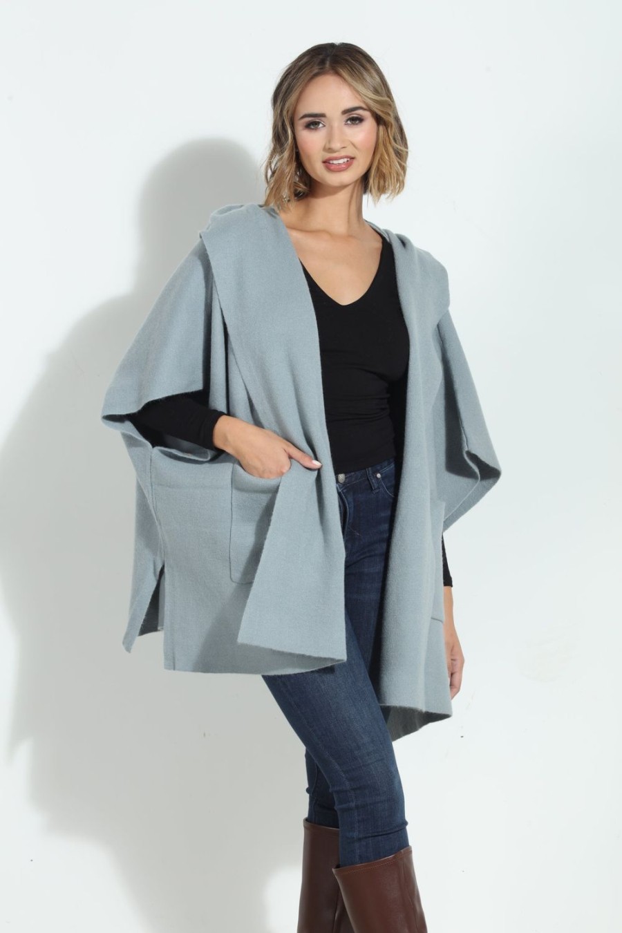 Clothing Veronica M Ponchos | Dusk Blue Cozy Hooded Poncho-Best Seller