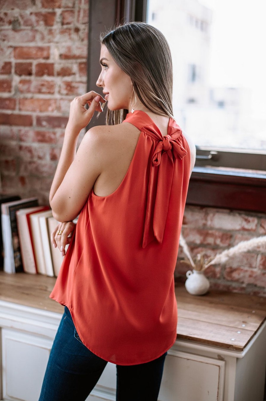 Clothing Veronica M Longer Length Tops | Fire Orange Twist Halter Sleeveless Blouse -