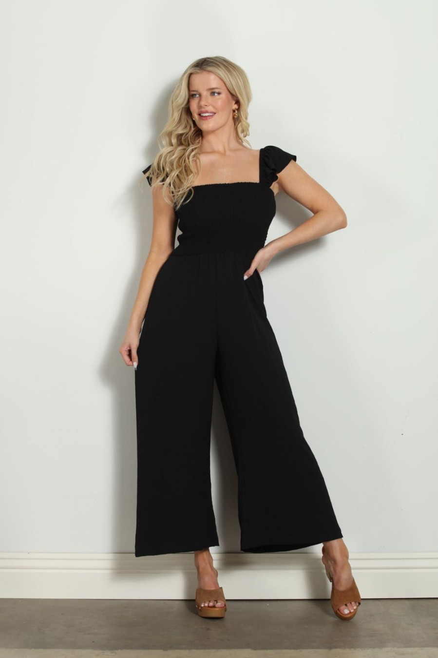 Clothing Veronica M | Black Airflow Smocked Jumpsuit