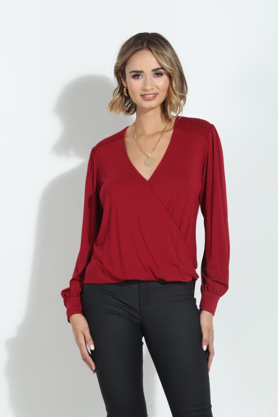 Clothing Veronica M Cupro Tops | Cabernet Smocked Cupro Top