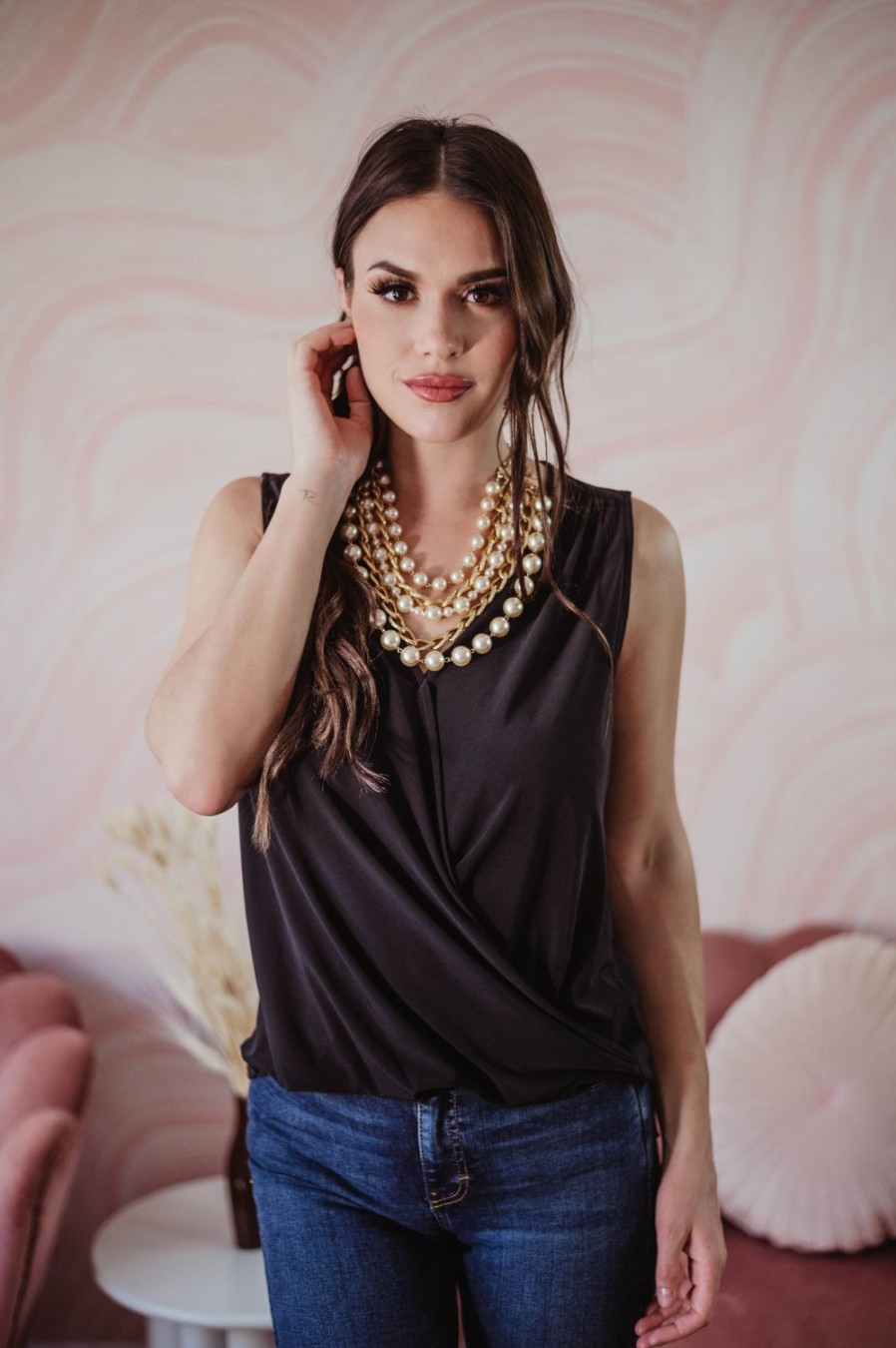 Clothing Veronica M Surplice Tops | Black Sleeveless Stretch Surplice Top - Best Seller