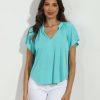 Clothing Veronica M Cupro Tops | Turquoise Short Sleeve Cupro Split Neck Top