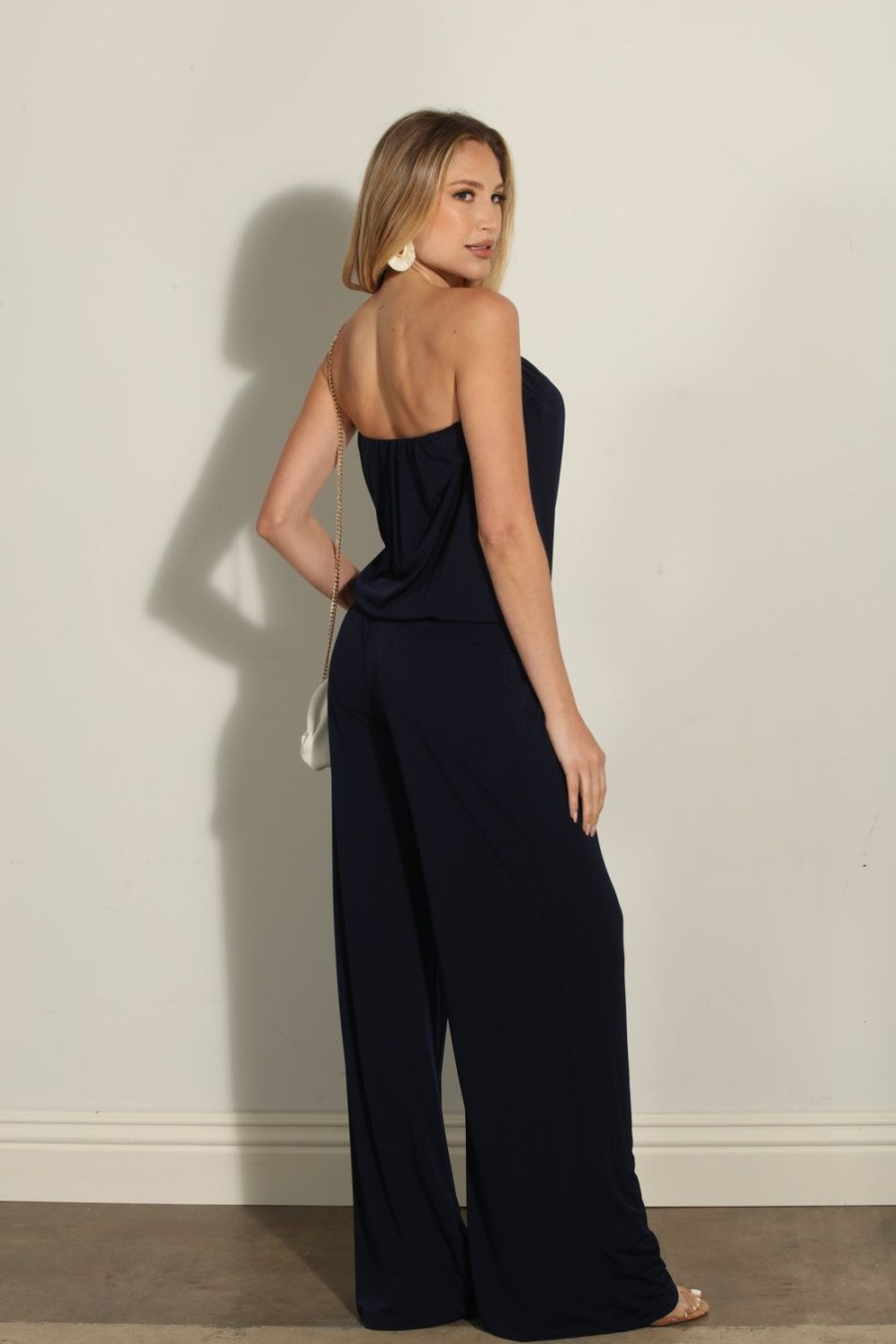 Clothing Veronica M | Navy Strapless Drop Waist Jumpsuit-Best Seller