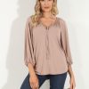 Clothing Veronica M Cupro Tops | Camel Cupro Stretch Split Neck Top