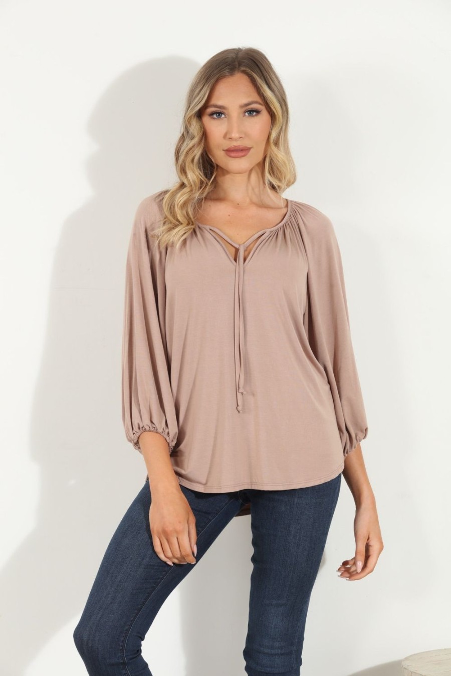 Clothing Veronica M Cupro Tops | Camel Cupro Stretch Split Neck Top