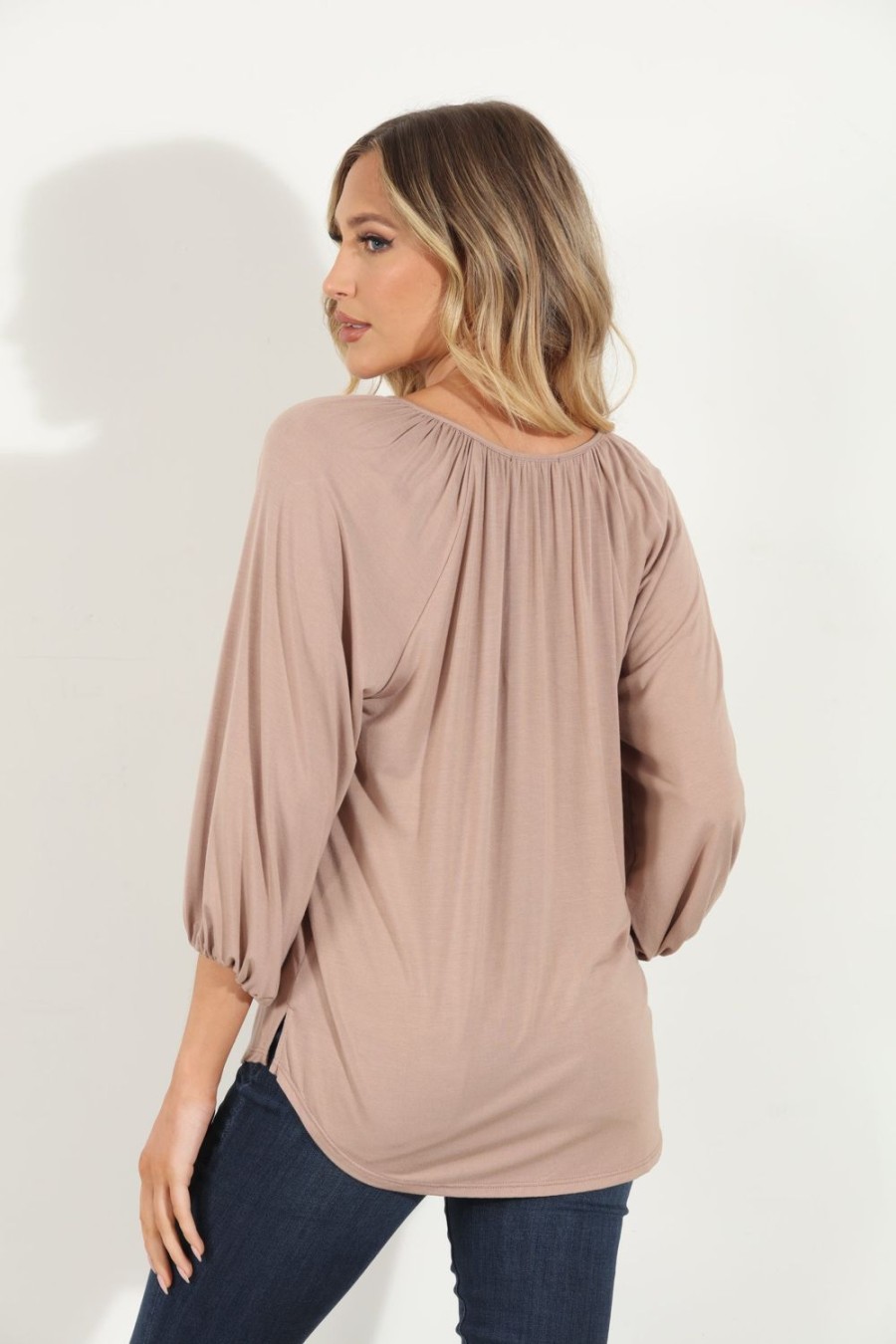 Clothing Veronica M Cupro Tops | Camel Cupro Stretch Split Neck Top