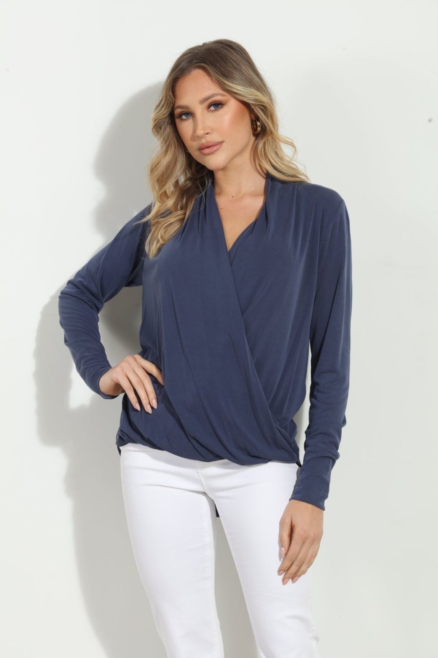 Clothing Veronica M Cupro Tops | Navy Cupro Draped Surplice Top - Best Seller