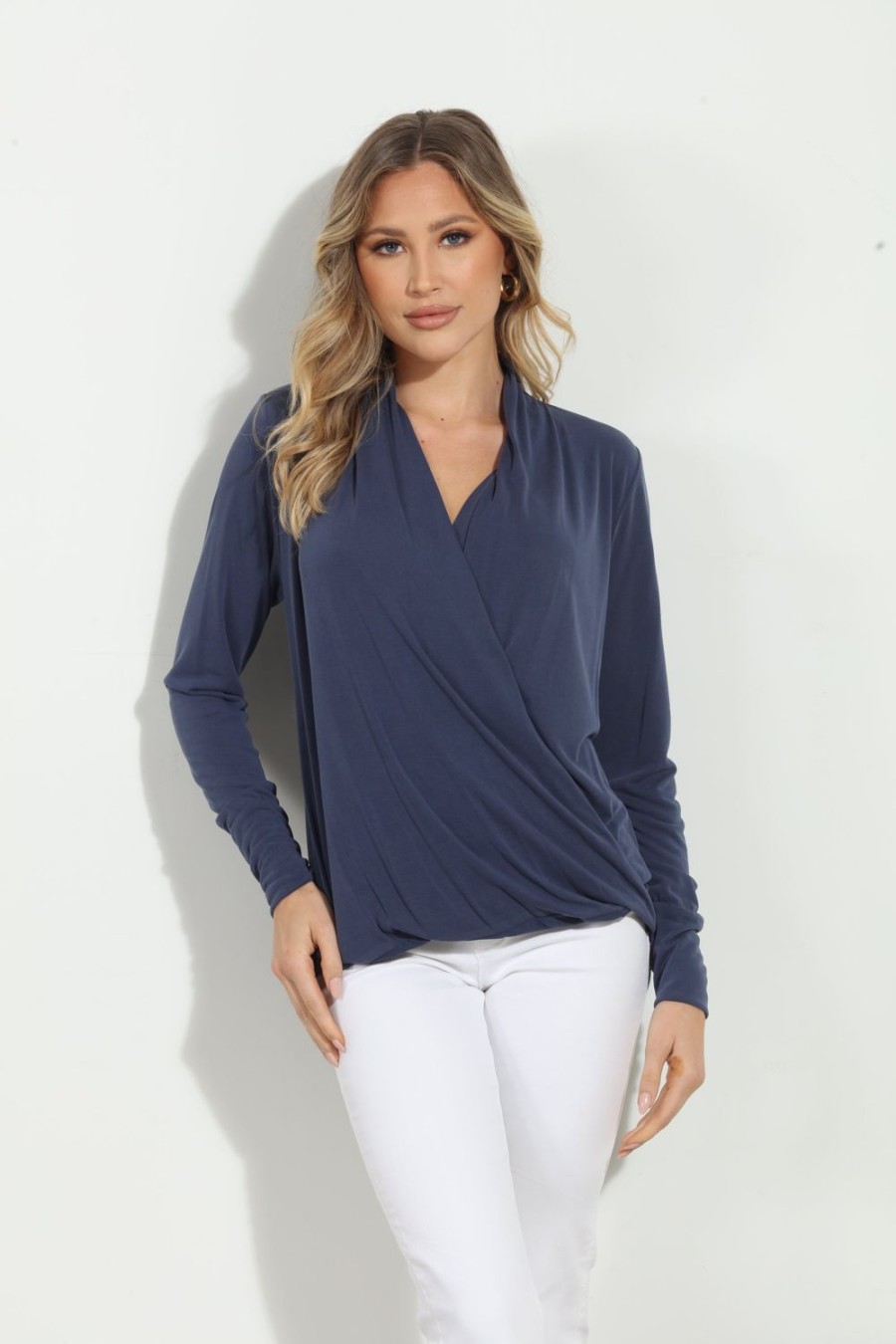 Clothing Veronica M Cupro Tops | Navy Cupro Draped Surplice Top - Best Seller